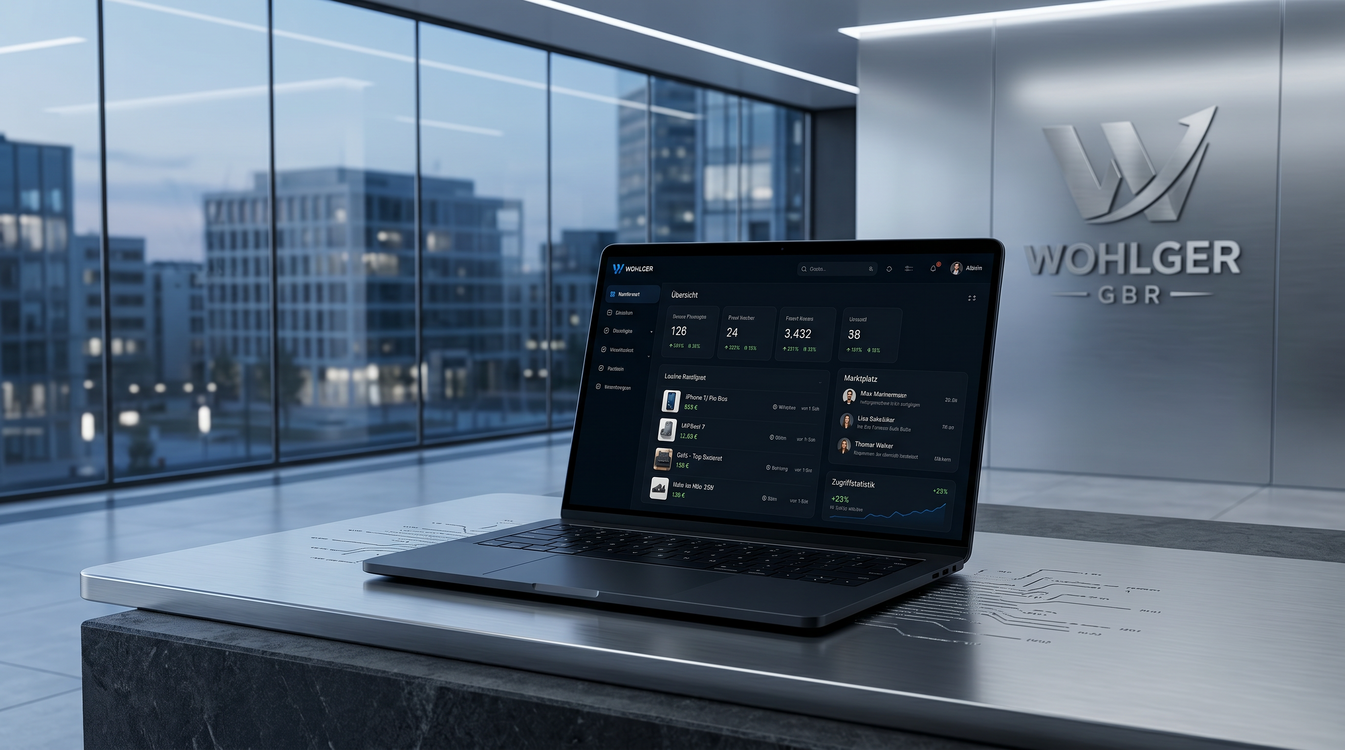 Wohlger GbR Arbeitsplatz mit digitaler Plattformansicht