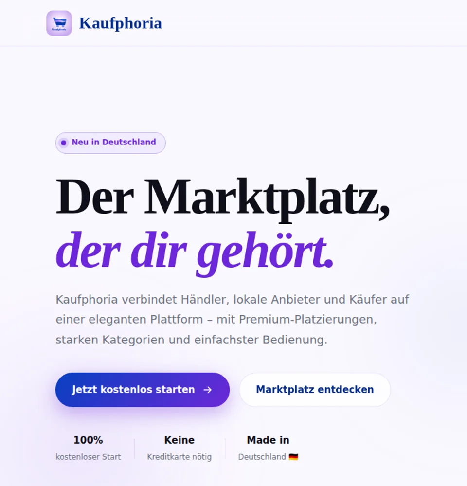 Startseite von Kaufphoria, einem Marketplace-Konzept im Aufbau
