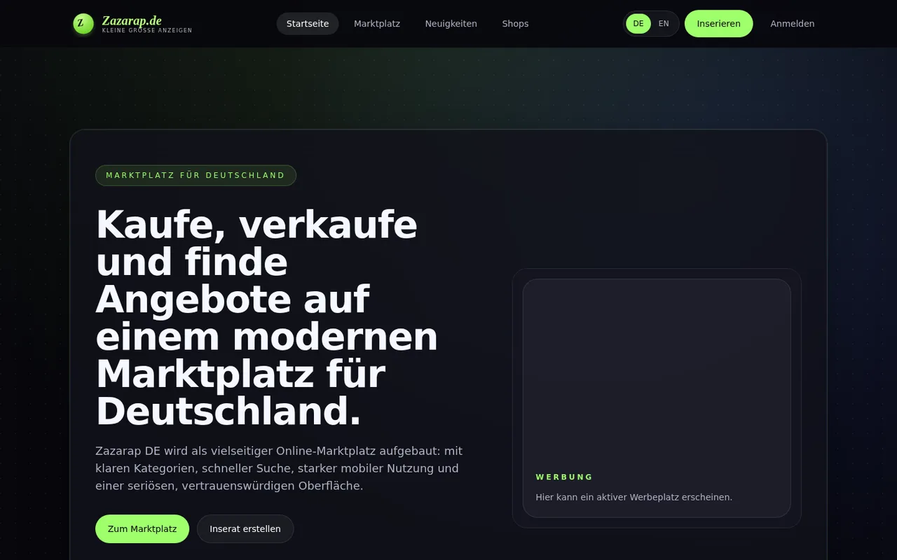 Startseite von Zazarap.de mit Marktplatz-Angeboten
